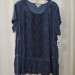 Style Co 1x Boho Mineral Navy Blue Embroidered Fishnet Medallion Babydoll Top